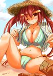  bikini blush breasts cameltoe hat large_breasts long_hair looking_at_viewer one_eye_closed original quro_(black_river) red_hair smile solo straw_hat swimsuit 