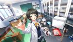  1girl :o arm_up black_car black_hair blush bowl bulletin_board candy car ceiling chalkboard chocolate cinderella_series coat collared_shirt cooking curtains diagonal_bangs dutch_angle food game_cg green_eyes grey_skirt hachigatsu_no_cinderella_nine heart heart-shaped_chocolate heart-shaped_food highres holding holding_chocolate holding_food incoming_food indoors lab_coat laboratory lens_flare light_particles lihua_lin long_hair long_sleeves looking_at_viewer low_twintails mole mole_under_mouth motor_vehicle neck_ribbon non-web_source official_art open_mouth petri_dish plaid_clothes plaid_skirt pleated_skirt reaching reaching_towards_viewer ribbon school_uniform shirt skirt solo sparkle spatula speaker standing tile_ceiling tiles tweezers twintails valentine white_coat white_shirt window wooden_chair yellow_ribbon 