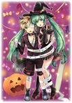  :o animal_ears bandage_over_one_eye blonde_hair candy chain d: dress elbow_gloves food gloves green_eyes green_hair halloween hat hatsune_miku high_heels hikari_no jack-o'-lantern kagamine_len long_hair musical_note open_mouth shoes spring_onion tail twintails very_long_hair vocaloid witch_hat 