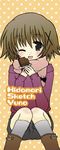  bad_id bad_pixiv_id blush brown_eyes brown_hair character_name chocolate chocolate_bar copyright_name hair_ornament hidamari_sketch looking_at_viewer one_eye_closed quro_(black_river) scarf short_hair sitting smile solo x_hair_ornament yuno 