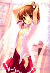  absurdres arms_up breasts brown_hair curtains flower flyable_heart hair_flower hair_ornament hand_on_own_head highres inaba_yui itou_noiji medium_breasts navel open_clothes open_mouth open_shirt open_skirt panties red_eyes school_uniform shirt short_hair skirt skirt_pull solo unbuttoned underwear white_panties 