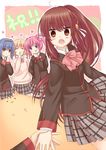  bow brown_hair cat doruji dragging kamikita_komari little_busters! long_hair matsuda_hikari multiple_girls natsume_rin nishizono_mio pink_bow ponytail red_eyes saigusa_haruka school_uniform 