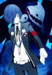  armband belt blue_eyes blue_hair card digital_media_player dress_shirt headphones headphones_around_neck male_focus mamoru_(arizona) persona persona_3 school_uniform shirt solo thanatos yuuki_makoto 