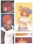  apron blue_background blue_bow border bow breasts brown_shirt close-up expressionless ezekquel film_grain frilled_apron frills grey_background hair_bow hat hat_bow highres japanese_clothes kimono kohaku_(tsukihime) maid_apron multiple_views portrait red_background red_hair shirt short_hair smile tsukihime upper_body white_apron white_border yellow_background yellow_eyes 
