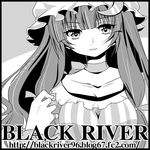 breasts greyscale hat long_hair looking_at_viewer medium_breasts monochrome patchouli_knowledge quro_(black_river) smile solo touhou 