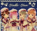  4girls :&gt; :d ;d alternate_costume bell beret blue_background blue_eyes blunt_bangs bob_cut braid breasts brown_hair capelet closed_eyes closed_mouth commentary_request covering_face dress emma_verde frilled_capelet frills hand_on_another&#039;s_shoulder hat highres holding holding_sketchbook inverted_bob jingle_bell kishimen_hair konoe_kanata kyaku_tasu light_brown_hair long_hair long_sleeves looking_at_another looking_at_viewer love_live! love_live!_nijigasaki_high_school_idol_club low_twin_braids medium_breasts mistletoe multiple_girls nakasu_kasumi one_eye_closed open_mouth partial_commentary pink_eyes pink_hair purple_eyes qu4rtz_(love_live!) rina-chan_board sketchbook sleeves_past_fingers sleeves_past_wrists smile snowflakes split_mouth tennoji_rina twin_braids twinkle_town u_u white_capelet white_dress white_hat 
