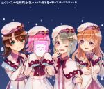  4girls :&gt; :d ;d alternate_costume beret blue_background blue_eyes blunt_bangs bob_cut braid breasts brown_hair capelet closed_eyes closed_mouth commentary_request covering_face dress emma_verde frilled_capelet frills hand_on_another&#039;s_shoulder hat highres holding holding_sketchbook inverted_bob kishimen_hair konoe_kanata kyaku_tasu light_brown_hair long_hair long_sleeves looking_at_another looking_at_viewer love_live! love_live!_nijigasaki_high_school_idol_club low_twin_braids medium_breasts multiple_girls nakasu_kasumi one_eye_closed open_mouth partial_commentary pink_eyes pink_hair purple_eyes qu4rtz_(love_live!) rina-chan_board sketchbook sleeves_past_fingers sleeves_past_wrists smile split_mouth tennoji_rina translation_request twin_braids twinkle_town u_u white_capelet white_dress white_hat 