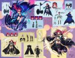  1girl ahoge armored_boots axe black_footwear black_gloves black_jacket blue_gloves blue_jacket boots character_name commentary_request elbow_gloves energy_axe from_behind full_body gloves hair_ornament hercule_(phantom_of_the_kill) holding holding_axe huge_weapon jacket long_hair looking_at_viewer miniskirt official_alternate_costume official_art phantom_of_the_kill pleated_skirt red_eyes red_hair reference_sheet second-party_source shibuhiko skirt straight-on weapon 