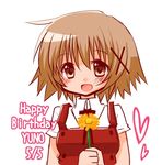  bad_id bad_pixiv_id birthday blush brown_hair character_name dated flower hair_ornament happy_birthday heart hidamari_sketch looking_at_viewer open_mouth quro_(black_river) school_uniform short_hair simple_background solo white_background x_hair_ornament yuno 