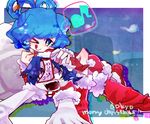  absurdres blue_eyes blue_hair christmas dress fangs hair_ornament hair_rings hair_stick hat highres jiangshi kaku_seiga miyako_yoshika multiple_girls ofuda one_eye_closed open_mouth outstretched_arms rarorimiore santa_costume short_hair short_sleeves smile touhou vest zombie_pose 