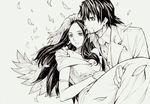  1girl bare_shoulders bouquet bridal_veil bride carrying couple dress elbow_gloves facial_hair flower gloves hetero husband_and_wife kaburagi_t_kotetsu kaburagi_tomoe long_hair monochrome necktie petals princess_carry stubble tiger_&amp;_bunny traditional_media tuxedo ueda_hiroshi veil wedding wedding_dress 