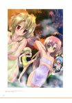  3girls absurdres animal_ears ayasaki_hayate bare_hips bare_shoulders blonde_hair blue_hair breasts brown_hair cleavage collarbone covering covering_eyes eyebrows_visible_through_hair green_towel hair_between_eyes hand_in_hair hayate_no_gotoku! highres katsura_hinagiku komatsu_eiji leg_up long_hair maria_(hayate_no_gotoku!) medium_breasts multiple_girls naked_towel nude_cover onsen outdoors parted_lips pink_hair purple_towel red_eyes sanzen'in_nagi shiny shiny_skin short_hair_with_long_locks sidelocks small_breasts smile steam sweatdrop tama_(hayate_no_gotoku) towel twintails wading wet wet_hair yellow_eyes yellow_towel 