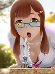  :o bra breasts brown_hair cleavage commentary_request downblouse extended_downblouse faucet glasses hair_ornament hairclip highres looking_at_viewer medium_breasts original solo sweatdrop tongue ueyama_michirou underwear water yellow_eyes 