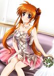  blue_eyes blush brown_hair diesel-turbo dress hair_ribbon long_hair lyrical_nanoha mahou_shoujo_lyrical_nanoha ribbon seiyuu_connection sitting solo takamachi_nanoha tamura_yukari twintails 