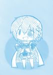  blue cape chibi hair_ornament hairclip hand_on_hip magical_girl mahou_shoujo_madoka_magica mahou_shoujo_madoka_magica_movie mak_kurokama miki_sayaka monochrome open_mouth pleated_skirt short_hair sketch skirt smile solo thighhighs 