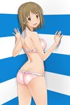  a1 ass bikini brown_hair flat_ass idolmaster idolmaster_cinderella_girls looking_back mimura_kanako open_mouth parody short_hair sofmap sofmap_background solo step_and_repeat swimsuit yellow_eyes 