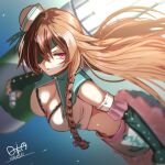  1girl blurry braid breasts brown_hair cleavage commission crop_top dated detached_sleeves floating_hair hat highres hinomoto_madoka large_breasts long_hair looking_at_viewer original pile_bunker pleated_skirt red_eyes sailor_hat signature simple_background single_braid skeb_commission skirt solo 