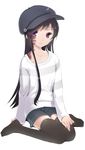  alternate_legwear black_hair black_legwear cabbie_hat collaboration derivative_work hat ikezawa_hanako katawa_shoujo long_hair pancakez_(artist) purple_eyes scar scarf shorts sitting smile striped sweater thighhighs wariza 