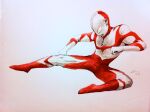  1boy clenched_hands color_ink_(medium) color_timer colored_skin dated derivative_work floating flying_kick full_body jlgatsby kicking male_focus multicolored_skin photo_(medium) red_skin scene_reference signature simple_background solo tokusatsu traditional_media ultra_series ultraman:_towards_the_future ultraman_great white_background white_skin 
