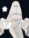  1girl abab_xiaxia absurdres black_background breasts dress facing_viewer ghost_costume ghost_mask halloween_costume hands_up highres irasutoya irasutoya_challenge large_breasts photo-referenced see-through_silhouette simple_background skin_tight sleeves_past_fingers sleeves_past_wrists tight_clothes tight_dress very_long_sleeves white_dress 