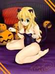  animal_ears bare_legs barefoot bell blonde_hair blue_eyes breasts cat_ears cat_tail detached_collar halloween highres jack-o'-lantern jingle_bell k-on! kittysuit kotobuki_tsumugi leotard long_hair medium_breasts nipple_slip nipples oinu_(free_tippai) paw_pose pumpkin sitting tail trick_or_treat wariza wrist_cuffs 