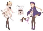  1boy 2girls :d :o absurdres ahoge armor armored_dress artoria_caster_(fate) artoria_caster_(second_ascension)_(fate) artoria_pendragon_(fate) bar_censor black_bow black_bowtie black_footwear black_gloves black_pantyhose blonde_hair blue_capelet blue_cloak blue_hat bow bowtie breasts caliburn_(fate) capelet censored cloak commentary_request covered_eyes double_w dress fate/grand_order fate_(series) gloves green_eyes hair_between_eyes hat highres holding holding_staff holding_sword holding_weapon hooded_robe kaori_(vuoian_appxv) long_hair long_sleeves looking_at_viewer mage_staff merlin_(fate) multiple_girls open_mouth pantyhose ponytail purple_bow purple_footwear robe saber_lily simple_background smile staff sword translation_request twintails w weapon white_background white_dress white_gloves white_hair white_robe 