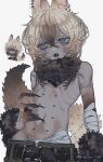  1boy animal_ears arm_tattoo bandaged_arm bandages blonde_hair brown_hair cat_boy cat_ears cat_tail colored_extremities commentary_request ear_piercing emaciated fangs fingernails gradient_hair grey_background highres kajino long_fingernails long_fingers long_hair male_focus monster_boy multicolored_hair neck_fur original piercing pubic_tattoo purple_eyes ringed_eyes sharp_fingernails simple_background stomach_piercing tail tattoo topless_male upper_body 