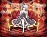  absurdres aqua_eyes aqua_hair argyle argyle_background bare_shoulders checkered checkered_floor collarbone couch crossed_legs cup dress elbow_gloves gloves hat hatsune_miku head_tilt high_heels highres long_hair mil2 mini_hat mini_top_hat shoes single_elbow_glove single_glove single_thighhigh sitting solo striped striped_legwear teacup thighhighs top_hat twintails vertical-striped_legwear vertical_stripes very_long_hair vocaloid 