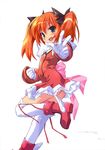  :d absurdres green_eyes highres kaitou_tenshi_twin_angel komatsu_eiji minazuki_haruka_(twin_angel) open_mouth orange_hair shoes simple_background smile thighhighs twin_angel twintails white_legwear winged_shoes wings 