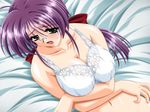  1girl blush bra green_eyes hair_ribbon kango_shichauzo long_hair mutsuki_chisa purple_hair ribbon underwear 