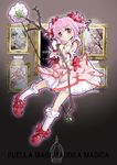  blush bow bow_(weapon) bubble_skirt choker copyright_name flower full_body gloves hair_bow highres kaname_madoka kneehighs magical_girl mahou_shoujo_madoka_magica mary_janes pink_flower pink_hair pink_rose red_eyes rose s040784 shoes short_hair short_twintails skirt smile solo soul_gem twintails weapon white_gloves white_legwear 