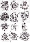  aerodactyl blastoise character_name dated gen_1_pokemon gen_3_pokemon highres kabutops kirlia magneton monochrome no_humans oddish pinsir pokemon pokemon_(creature) primeape sableye sido_(slipknot) signature tentacruel traditional_media venusaur victreebel 