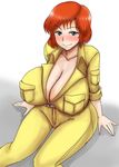  1girl april_o&#039;neil april_o'neil aqid blue_eyes blush breasts brown_hair female huge_breasts kaneda_(aqid) short_hair sitting smile teenage_mutant_ninja_turtles 