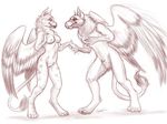  anthro avian beak breasts caribou_(artist) claws couple duo eye_contact female gryphon male monochrome nipples nude pussy sara_palmer sheath standing wings 