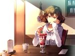  brown_hair cage_-open- chair character_request chin_rest food fruit highres holding hood hoodie ice_cream menu red_eyes salt_shaker sitting solo strawberry sunakumo sundae sunlight zipper 