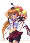  :d absurdres arm_up ball bike_shorts black_gloves blue_eyes cowboy_shot fingerless_gloves gloves hair_ribbon high_ponytail highres holding holding_ball itagaki_natsumi komatsu_eiji long_hair looking_at_viewer mankai_princess midriff navel open_mouth orange_hair outstretched_arm pleated_skirt red_skirt ribbon shirt short_shorts short_sleeves shorts shorts_under_skirt simple_background skirt smile solo standing stomach very_long_hair visor_cap white_background white_shirt yellow_ribbon 