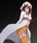  arms_behind_back bangs black_eyes black_hair bodysuit bow cloak cosplay final_fantasy final_fantasy_ix garnet_til_alexandros_xvii grin hood looking_at_viewer mushisotisis orange_bodysuit ribbon sky smile solo standing star_(sky) starry_sky swept_bangs thigh_strap white_mage white_mage_(cosplay) 