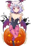  :&lt; animal_print bat_print bat_wings blue_hair boots choker cosplay halloween hat head_wings heart_cutout highres jack-o'-lantern leotard mob_cap morrigan_aensland morrigan_aensland_(cosplay) motiking pantyhose pointy_ears print_legwear red_eyes remilia_scarlet solo touhou transparent_background vampire_(game) wings 