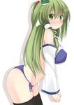  bad_id bad_pixiv_id bare_shoulders black_legwear blue_panties blush bra breasts chimunge detached_sleeves frog_hair_ornament green_eyes green_hair hair_bobbles hair_ornament hair_tubes kochiya_sanae large_breasts long_hair panties side-tie_panties simple_background snake solo thighhighs touhou underwear underwear_only white_background 