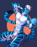  2018 abs animal_genitalia anthro athletic ball_of_yarn balls biceps black_skin black_stripes blue_eyes blue_skin blurred_background eyebrows feline feralise fully_sheathed hair hand_behind_head holding_object male mammal muscular muscular_male muscular_thighs nude5_fingers pecs pink_nose sheath solo stripes tiger white_hair white_skin yarn 