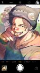  2boys bandaid bandaid_on_face bandaid_on_nose black_hair brothers candy commentary copyright_name eating food freckles hat highres holding holding_food jewelry kameoka908 lollipop looking_at_viewer male_focus meat monkey_d._luffy multiple_boys necklace one_piece pearl_necklace portgas_d._ace short_hair siblings twitter_username 