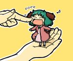 animal_ears cheek_press closed_eyes dress green_hair hands in_palm kasodani_kyouko long_sleeves minigirl musical_note open_mouth out_of_frame outstretched_arms pink_dress short_hair smile solo_focus tail touhou tsunamayo 