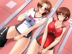  2girls blush bottomless breast_grab breasts brown_hair censored cleavage eyes_closed fingering game_cg grabbing jewelry large_breasts looking_at_viewer masturbation multiple_girls necklace no_panties short_hair sport_uniform standing wet yellow_eyes 