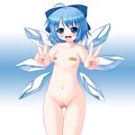  ahoge bandaid bandaid_on_pussy bandaids_on_nipples blue_eyes blue_hair blush bow cirno collarbone double_v flat_chest hair_bow looking_at_viewer navel nude open_mouth outstretched_arms outstretched_hand pasties riku_(rikkuru) short_hair smile solo touhou v wings 
