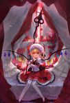  absurdres bed blonde_hair bow canopy_bed choker elbow_gloves embellished_costume flandre_scarlet flower fom_(lifotai) gloves hat highres laevatein light_smile red_eyes revision rose short_hair side_ponytail sitting smile solo thighhighs touhou white_gloves white_legwear wings 