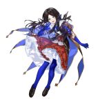  1girl arlizi black_footwear black_hair blue_bow blue_bowtie blue_cape blue_eyes blue_gloves blue_pantyhose bow bowtie brown_cape brown_jacket cape corset elbow_gloves fate/grand_order fate_(series) full_body gloves gold_trim hair_bow hand_up highres jacket leonardo_da_vinci_(fate) leonardo_da_vinci_(rider)_(fate) leonardo_da_vinci_(rider)_(first_ascension)_(fate) loafers long_hair looking_at_viewer open_mouth pantyhose parted_hair ponytail puff_and_slash_sleeves puffy_short_sleeves puffy_sleeves red_corset red_skirt shirt shoes short_sleeves simple_background skirt smile solo sparkling_eyes teeth two-sided_cape two-sided_fabric upper_teeth_only v white_background white_shirt 