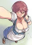  apron arm_behind_back arm_up bare_shoulders barmaid blush breasts brown_hair cleavage dirndl flower flower_necklace from_above german_clothes jewelry large_breasts necklace off_shoulder oktoberfest older one_eye_closed pantyhose red_eyes rozen_maiden short_hair smile solo souseiseki tsuda_nanafushi underbust waist_apron 