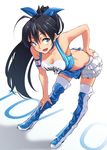  :d aya_shachou bent_over black_hair blue_eyes boots breasts butt_crack cleavage collarbone fang frills ganaha_hibiki hand_on_hip high_heel_boots high_heels highres idolmaster idolmaster_(classic) long_hair medium_breasts midriff open_mouth ponytail race_queen skirt smile solo thigh_boots thighhighs zettai_ryouiki 