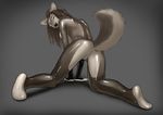  brown_hair butt canine dog female fetish grey_background hair invalid_tag latex latex_(artist) looking_at_viewer looking_back mammal paws plain_background rubber shiny solo 