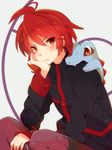  bad_id bad_pixiv_id blush fangs gen_2_pokemon jacket long_sleeves nicole_(usako) pokemon pokemon_(creature) pokemon_(game) pokemon_hgss red_eyes red_hair silver_(pokemon) totodile 